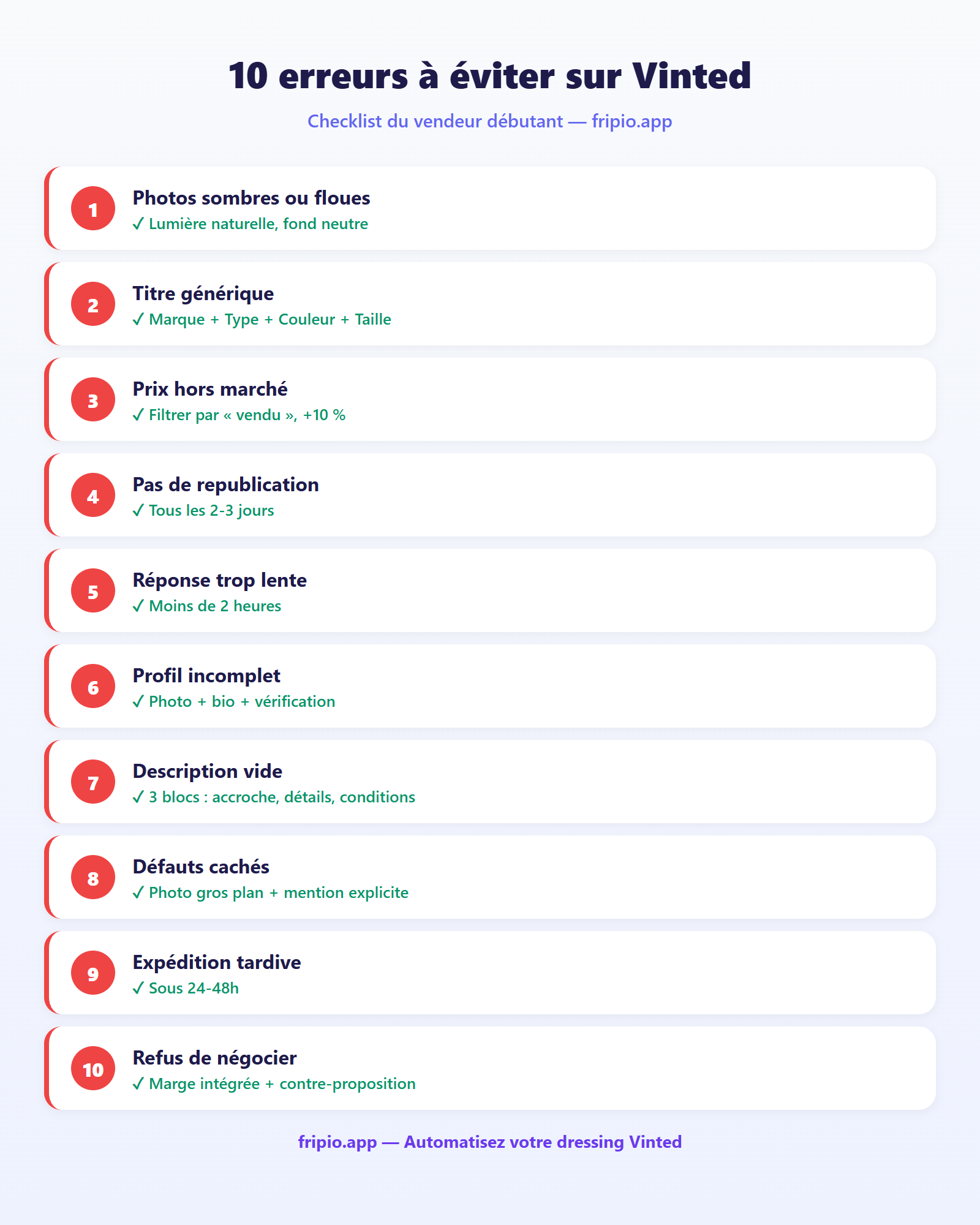 Checklist des 10 erreurs de débutants à éviter sur Vinted — infographie avec icônes
