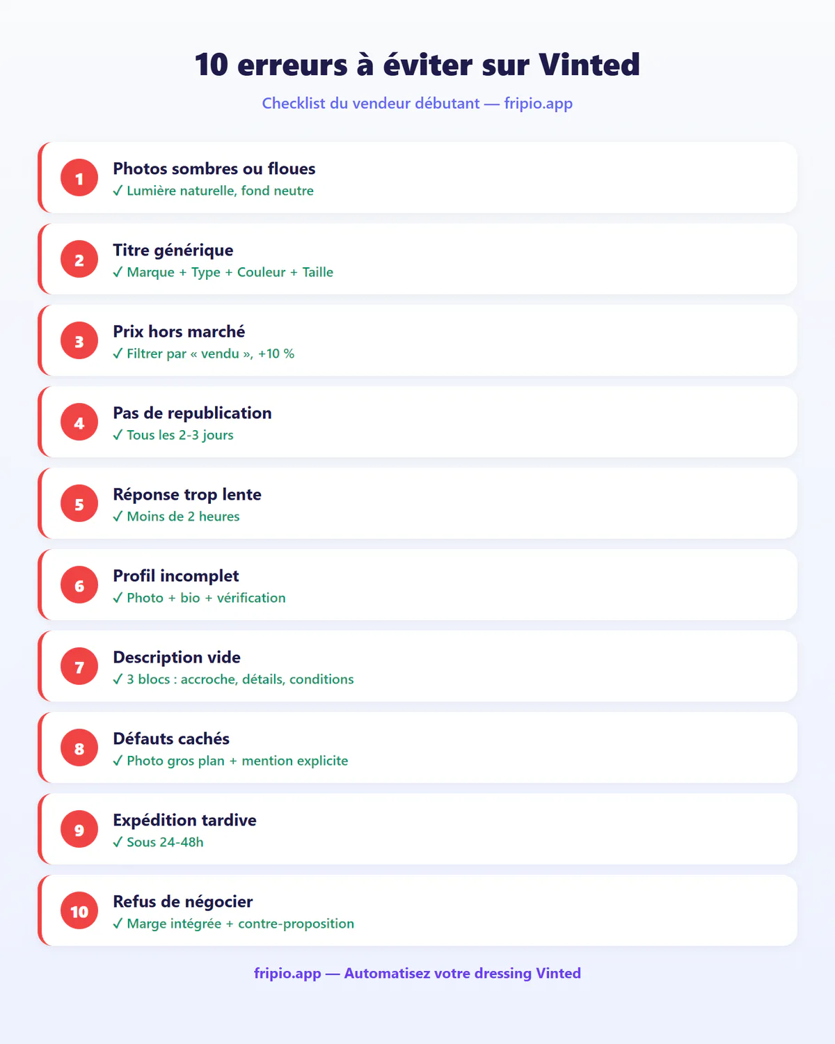 Checklist des 10 erreurs de débutants à éviter sur Vinted — infographie avec icônes