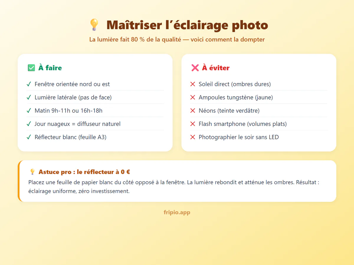 Infographie éclairage photo Vinted : à faire (fenêtre nord/est, lumière latérale, matin ou fin d'après-midi) vs à éviter (soleil direct, tungstène, néons, flash)