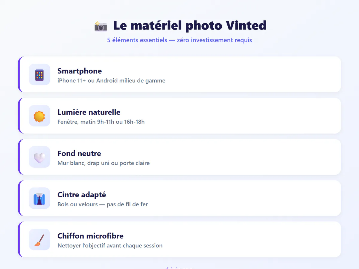 Infographie : les 5 éléments essentiels pour photographier ses articles Vinted — smartphone, lumière naturelle, fond neutre, cintre adapté, chiffon microfibre